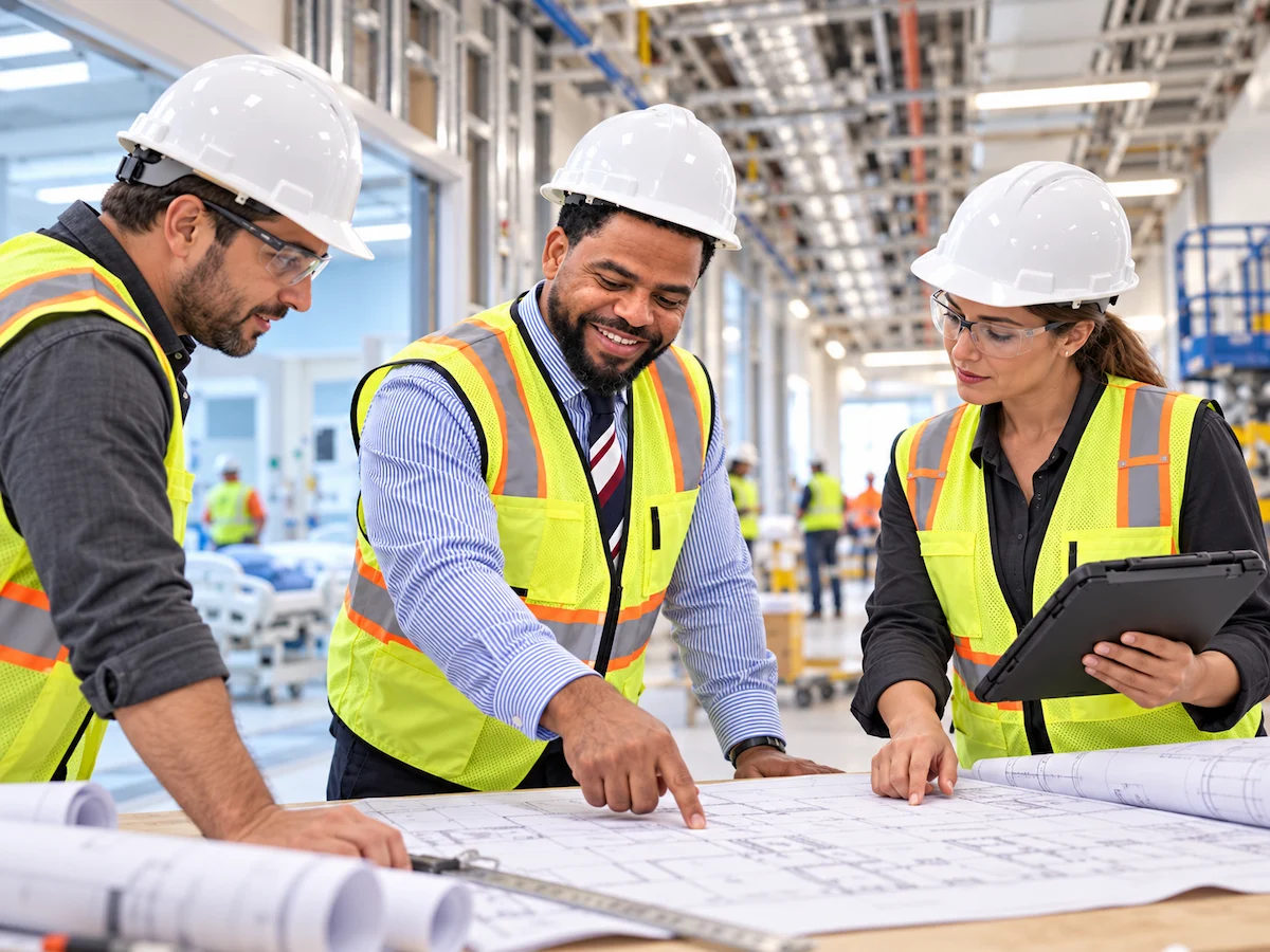 Alex Antz reviewing construction drawings with two project team members on a hospital site