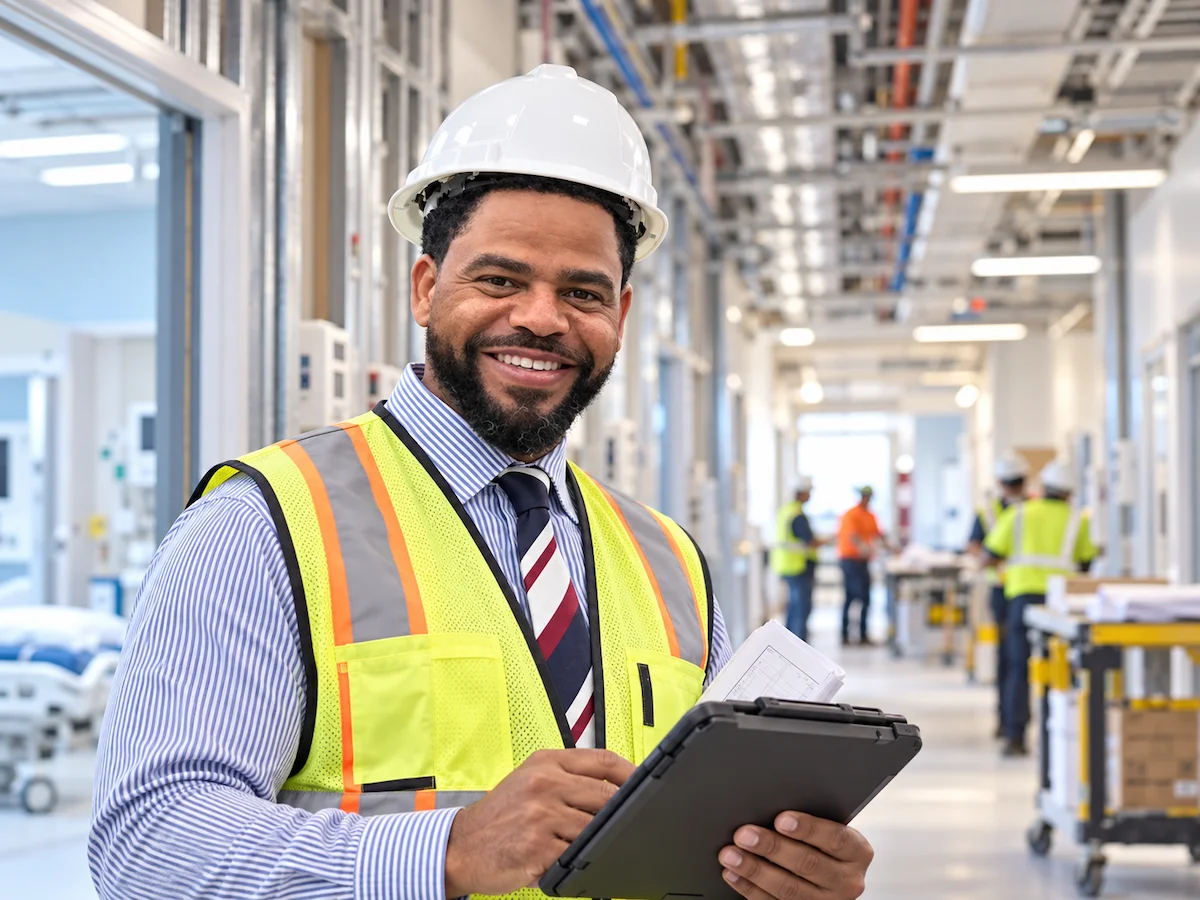 Alex Antz documenting inspection results on a tablet at a healthcare construction site