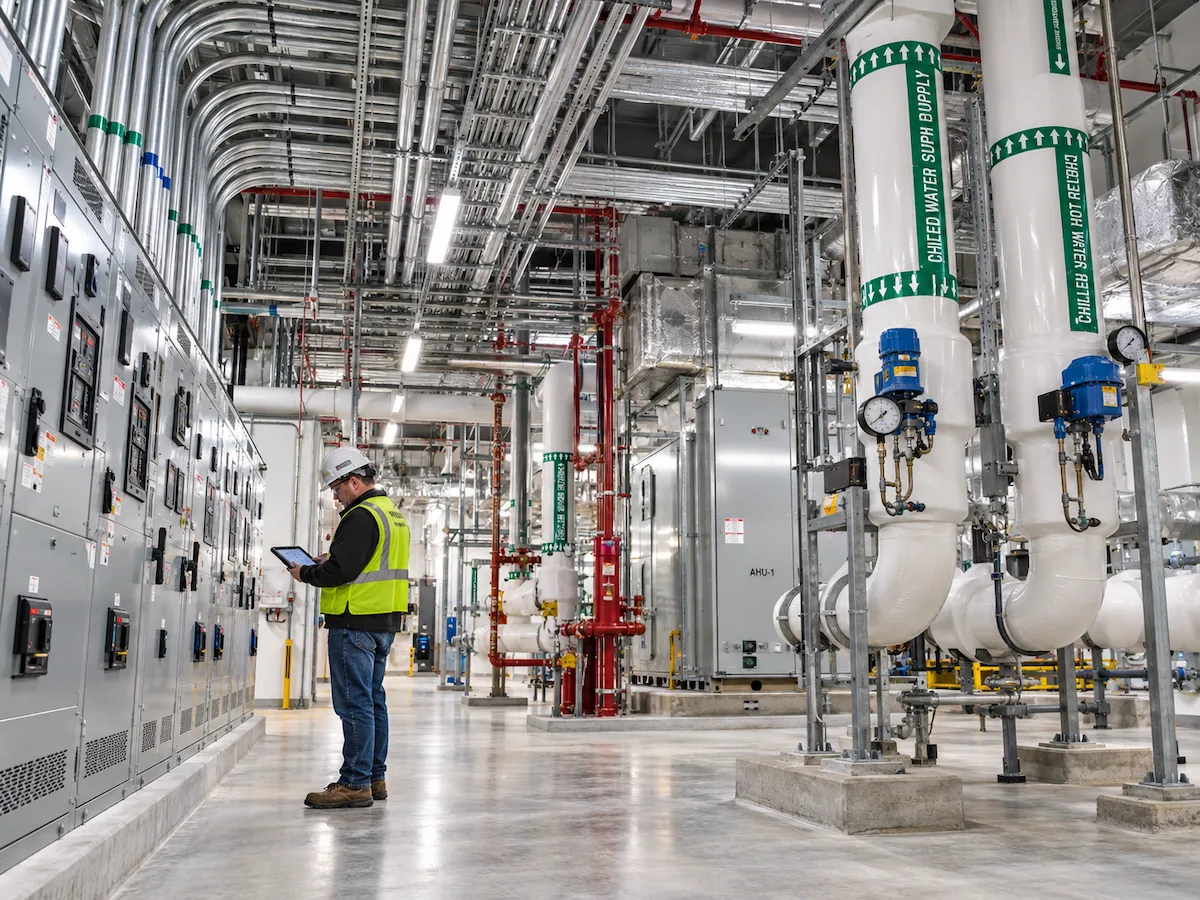 Inspector reviewing mechanical systems in a hospital plant room